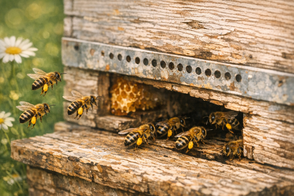 abeilles qui rentrent et sortent de la ruche