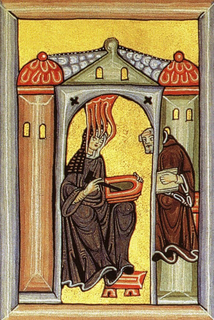 Hildegarde dans un manuscrit médiéval Auteur inconnu - Miniature extraite du Codex de Rupertsberg du Liber Scivias. Hildegarde de Bingen reçoit une inspiration divine et la transmet à son scribe.